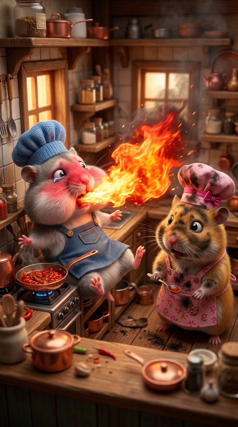 AI Video Prompt: Funny 3D Anthropomorphic Hamsters Cooking Spicy Food…