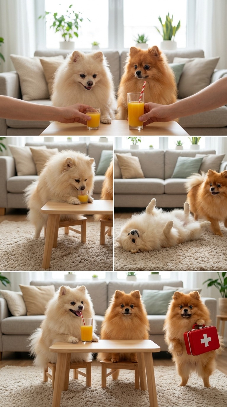 Funny Pomeranian Dogs Orange Juice Prank AI video prompt