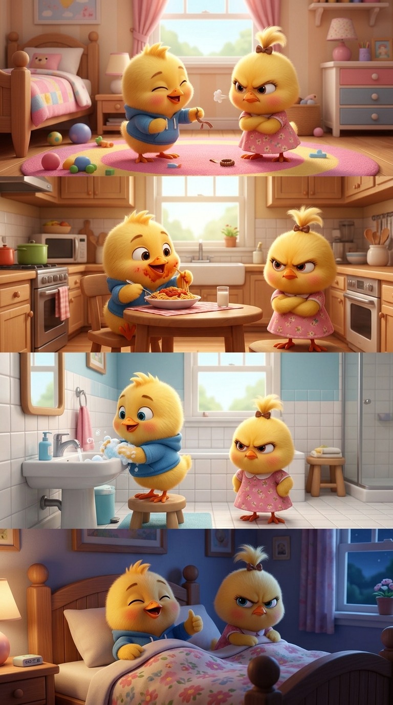 3D Animated Cute Chicks Siblings Funny Daily Life Routine AI video prompt