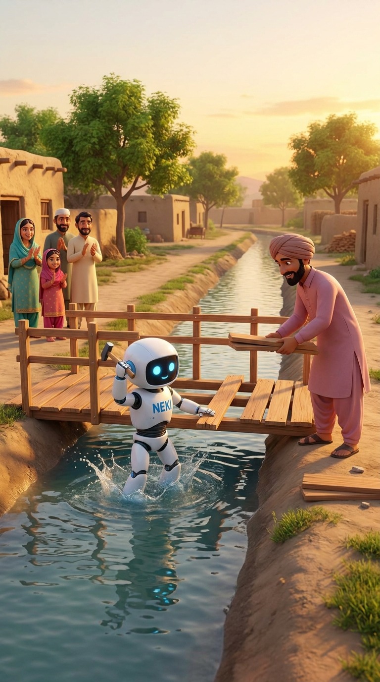 AI Video Prompt: Robot Fixes Village Bridge