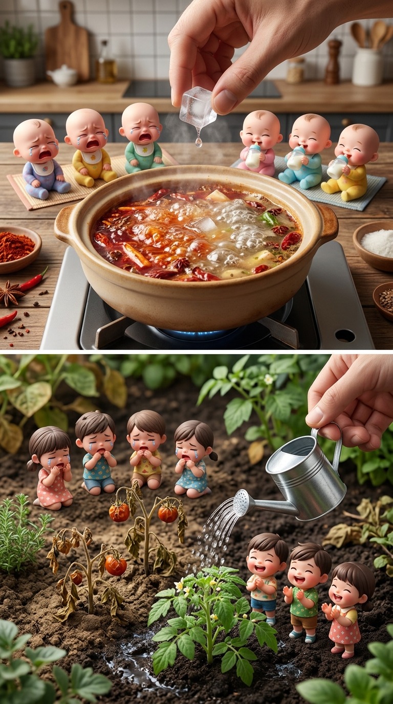 Tiny Chibi Characters React to Giant Hand Cooking and Gardening - 3D Miniature World Macro Video AI video prompt