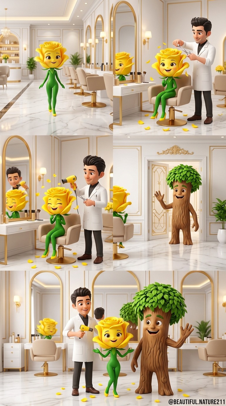 Stylized 3D Animation: Anthropomorphic Yellow Rose Girl Gets Haircut in Luxury Salon with Tree Character Cameo AI video…
