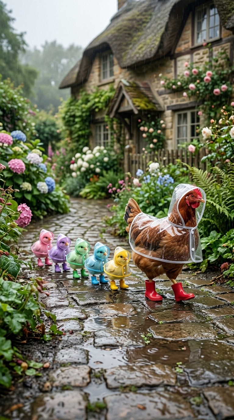Mother Hen and Colorful Chicks in Raincoats Walking on Garden Path AI video prompt