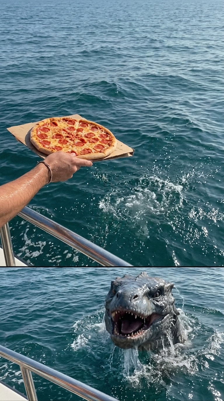 Ocean Pizza Monster Reveal AI video prompt