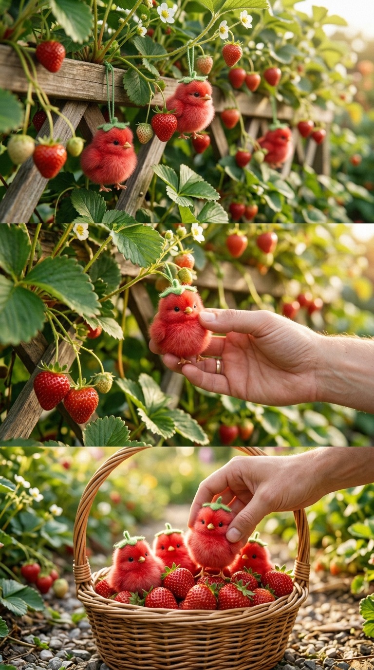 Fluffy Red Baby Chickens Hanging on Garden Trellis Placed into Wicker Basket AI video prompt