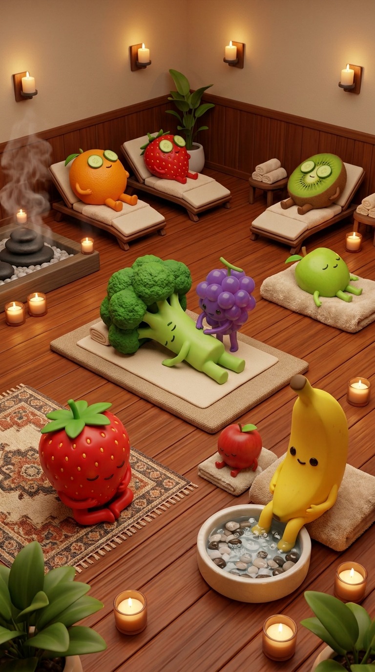 Anthropomorphic Fruit and Vegetable Babies Relaxing in a Miniature Spa with Sudden Shock Reaction AI video prompt