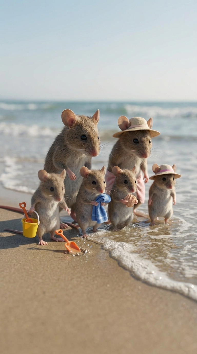 AI Video Prompt: Anthropomorphic Mouse Family Beach Day AI Video Prompt