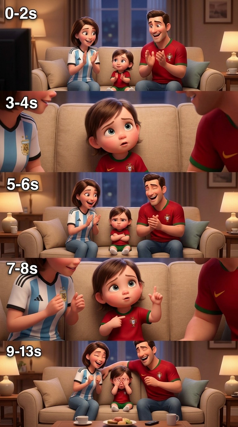 3D Animated Family Reacting to Football Match on TV AI video prompt