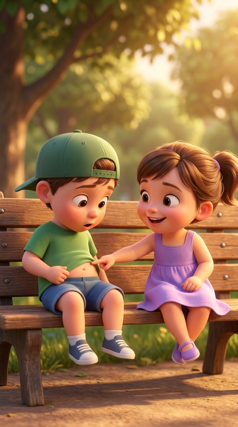 Cute 3D Animated Toddlers Laughing on Park Bench AI video prompt