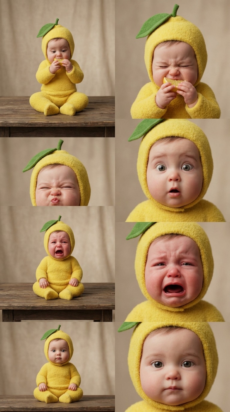 Hyper-Realistic 3D Lemon Baby Eating Sour Lemon Reaction AI video prompt