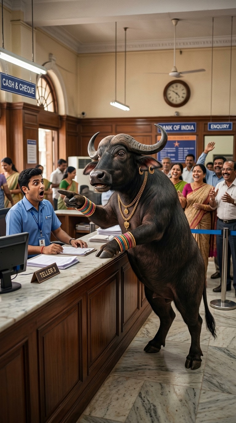 3D Animated Anthropomorphic Buffalo Entering Bank and Shocking Teller AI video prompt