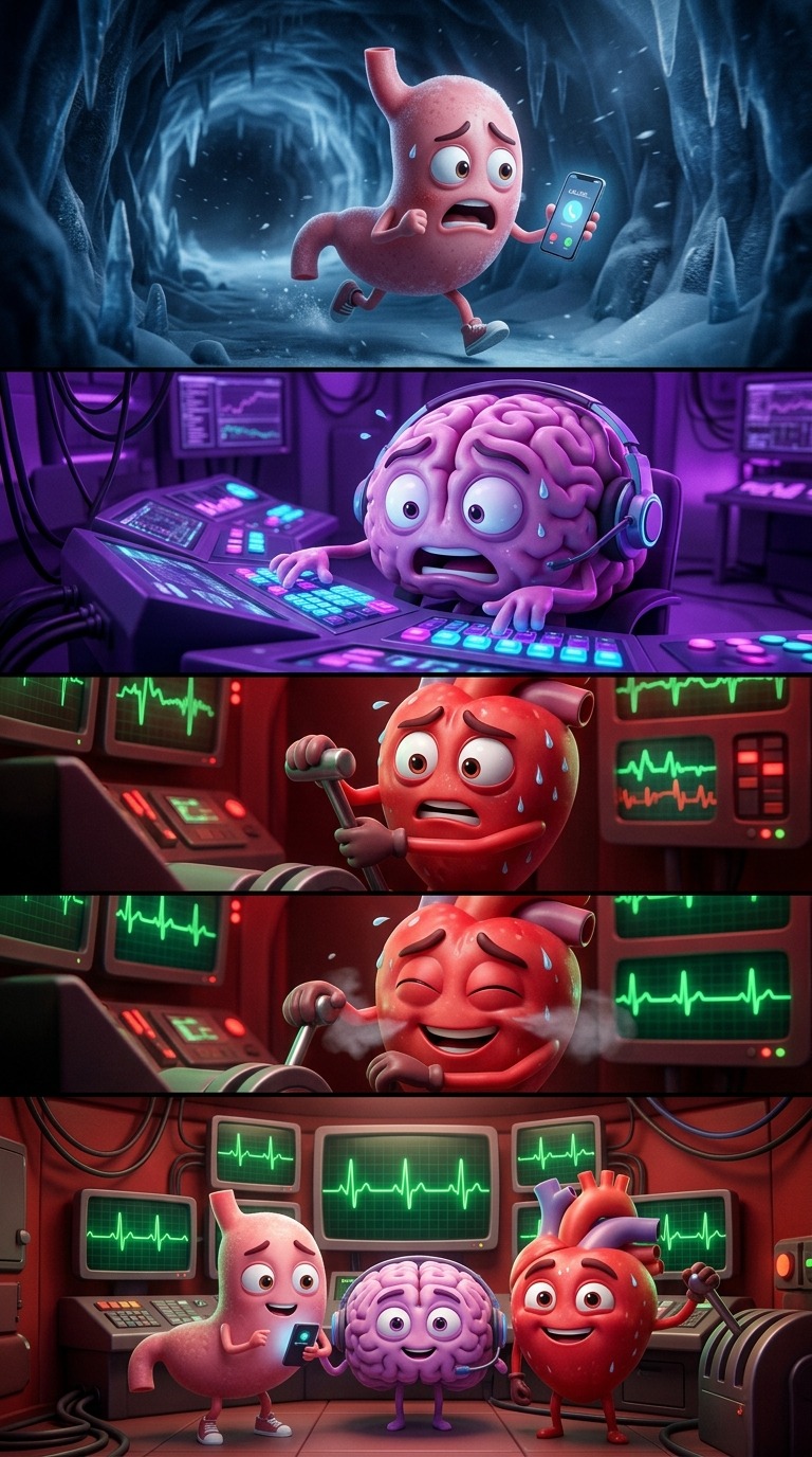 3D Animated Human Organs Crisis: Stomach, Brain, and Heart Emergency Control Room Rescue Sequence AI video prompt