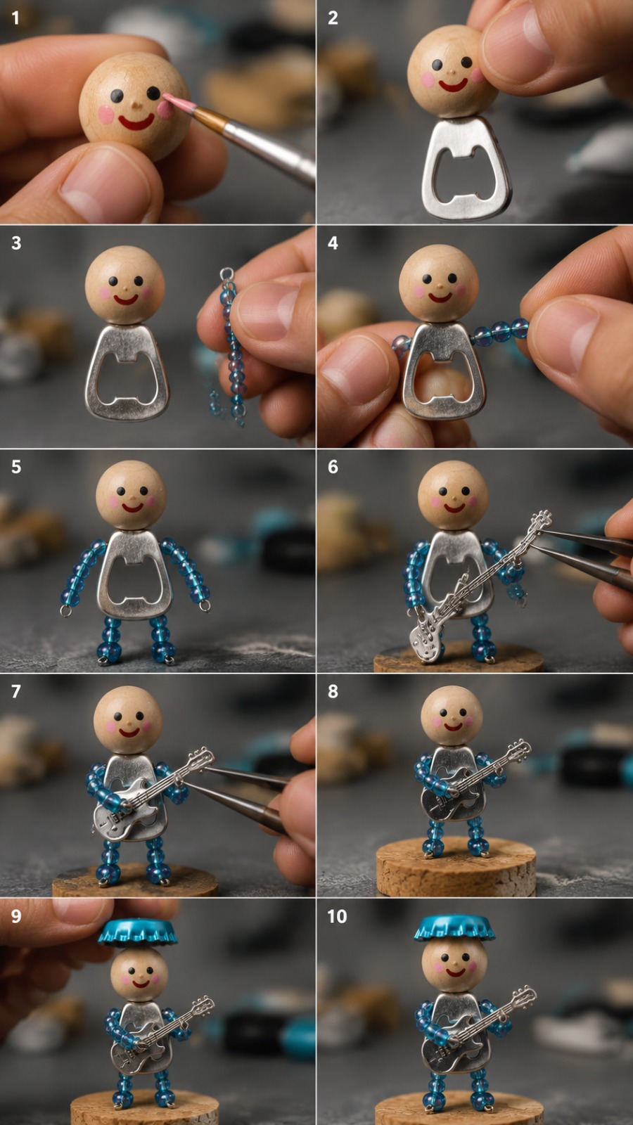 Tiny Wooden Bead Character Transformation Into Mini Guitar Player AI video prompt