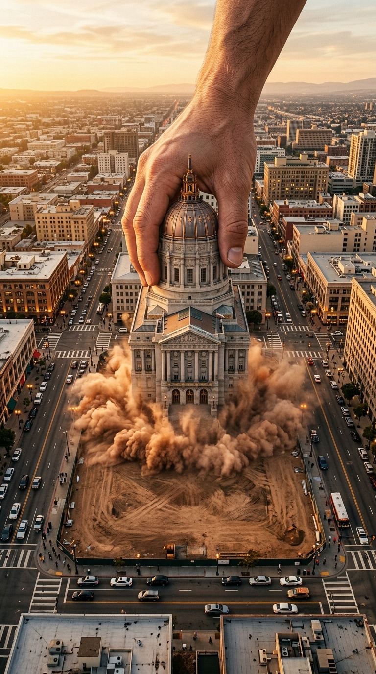 Giant Hand Places City Hall Building Into Urban Lot Aerial Cinematic VFX Shot AI video prompt
