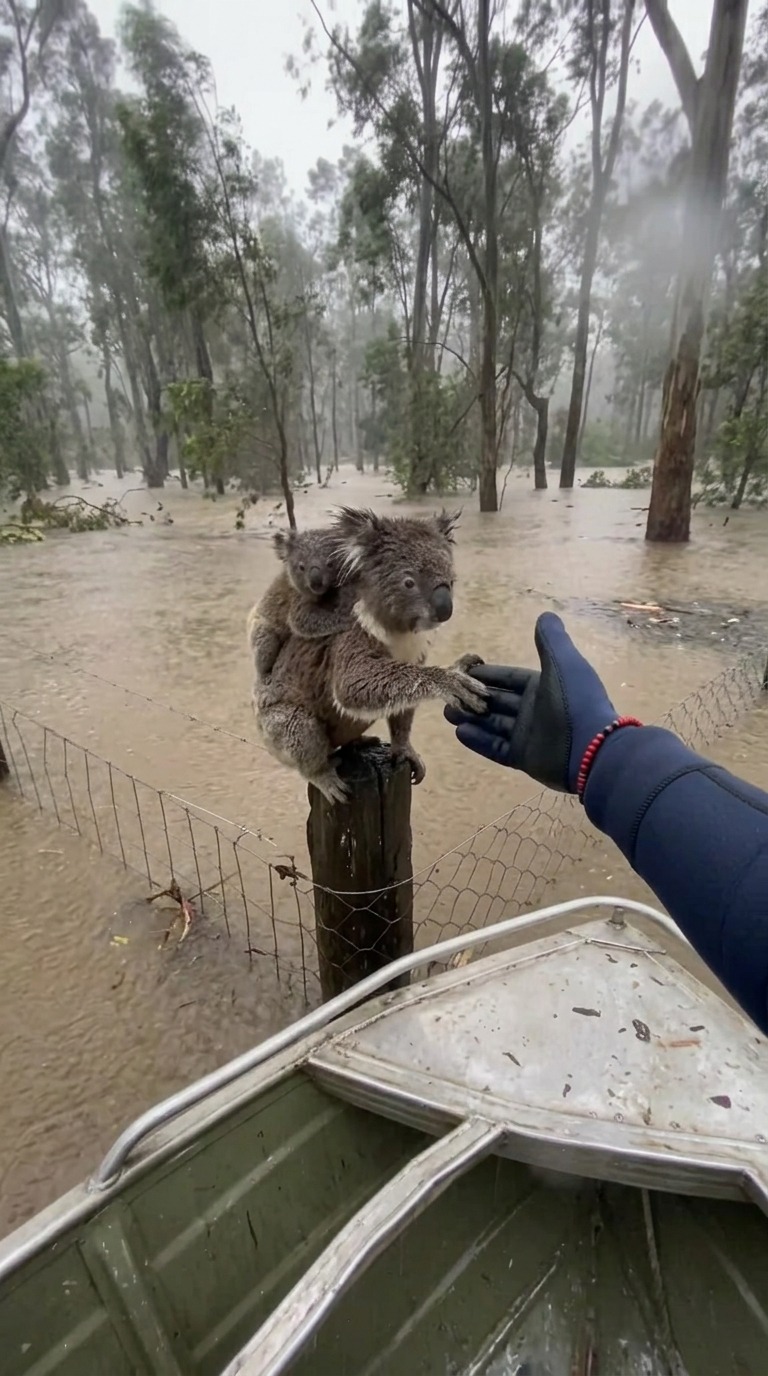 Mother Koala With Baby Rescue From Floodwaters On Fence Post - Photorealistic Wildlife POV Video Prompt AI video prompt