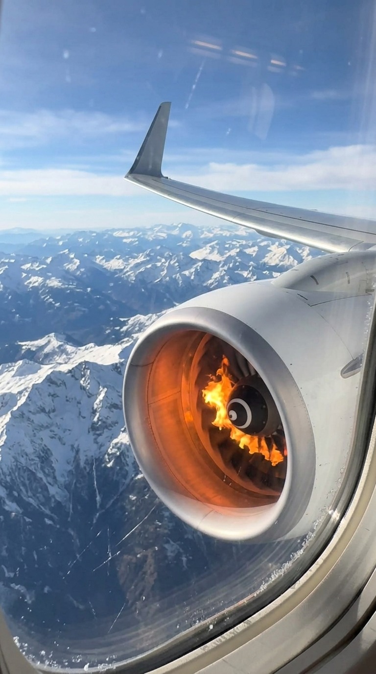 POV Airplane Window View of Jet Engine Backfire Flame Burst in Flight Over Mountains AI video prompt