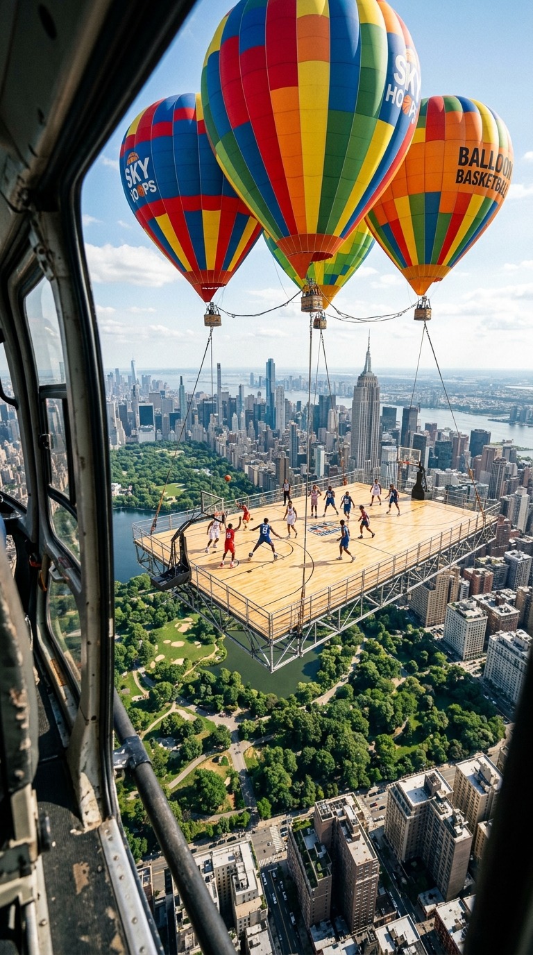 Aerial View of Basketball Court Suspended by Hot Air Balloons Over NYC Cityscape AI video prompt