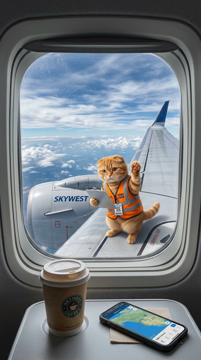 Photorealistic AI Video: Ginger Cat Flight Inspector Waving from Airplane Wing Window View AI video prompt