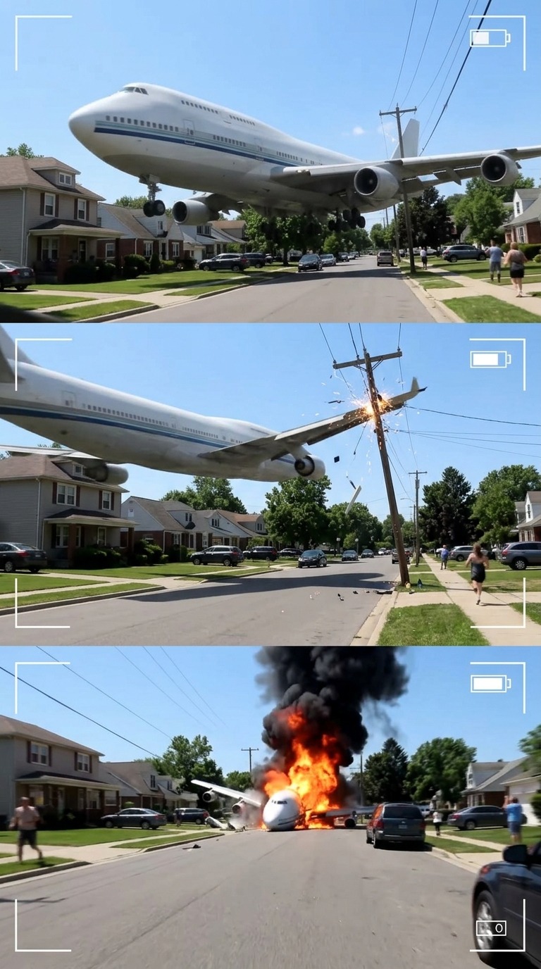 Massive Airplane Crash and Explosion on Residential Street AI video prompt