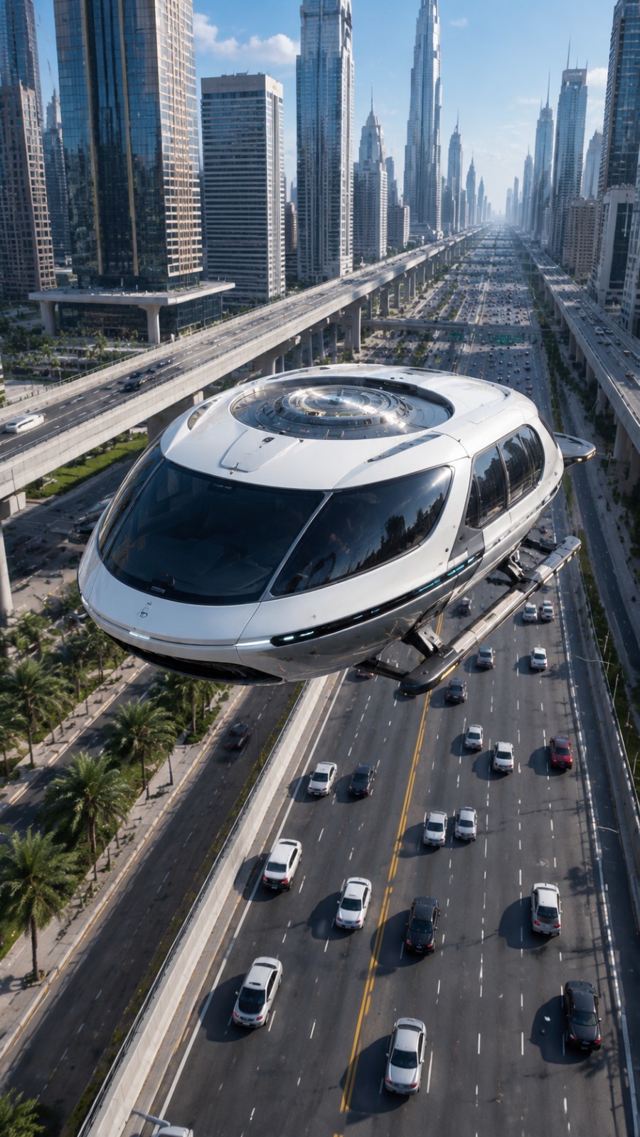 Futuristic Flying Electric Vehicle Traveling Above Smart City Highway AI video prompt