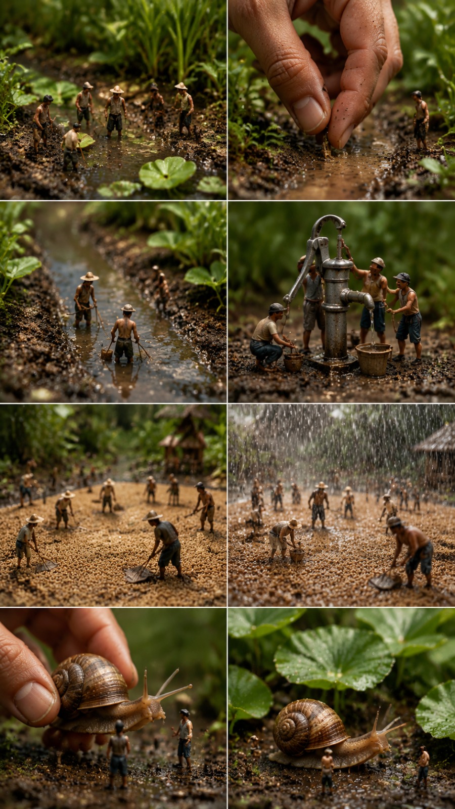 Tiny Farmers Building a Miniature Village Around Water Pump and Giant Snail Adventure AI video prompt