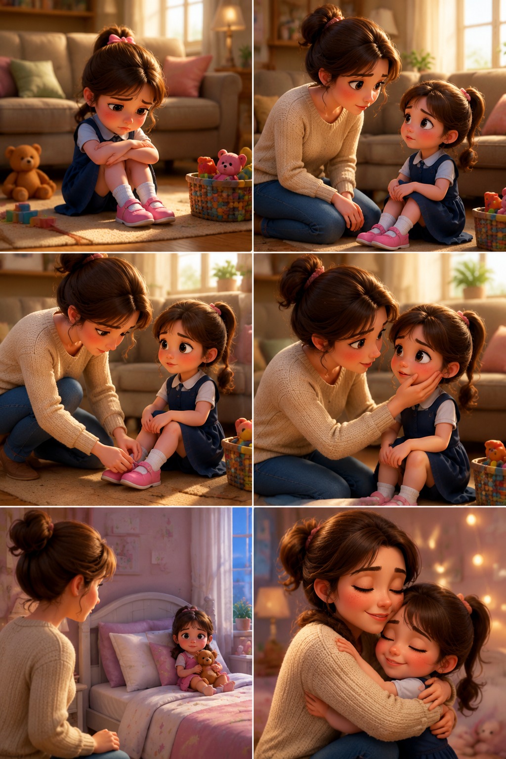 Cute Mother Comforting Crying Little Girl | Emotional 3D Animation Story AI video prompt