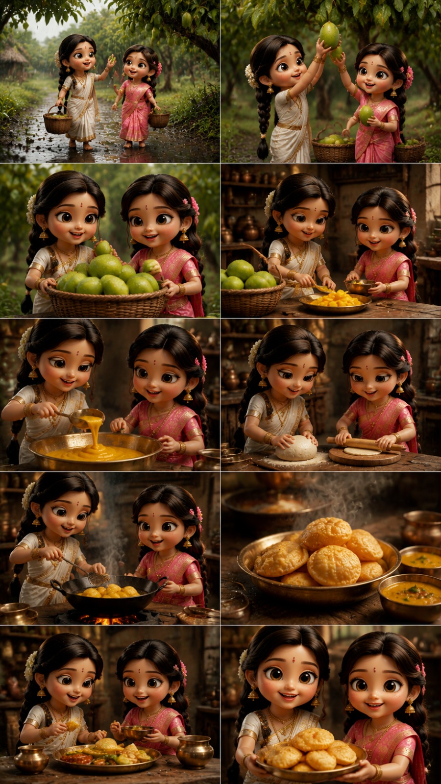 Two Cute Indian Doll Sisters Harvesting Mangoes and Cooking Traditional Food in Village Home AI video prompt
