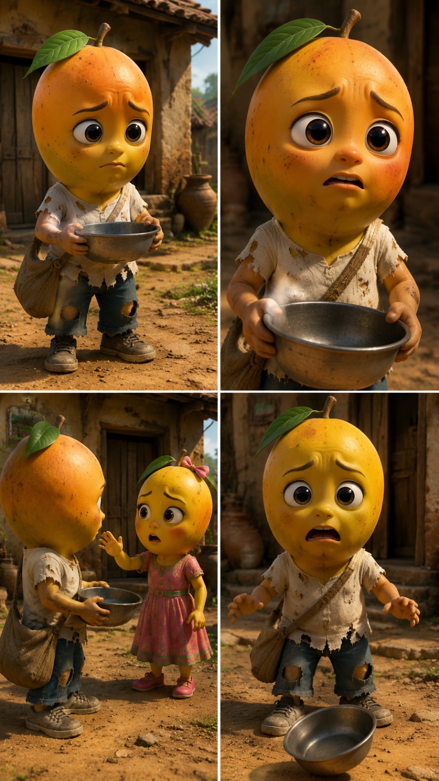 Poor Mango Boy Meets Little Mango Girl | Emotional 3D Village Animation Story AI video prompt