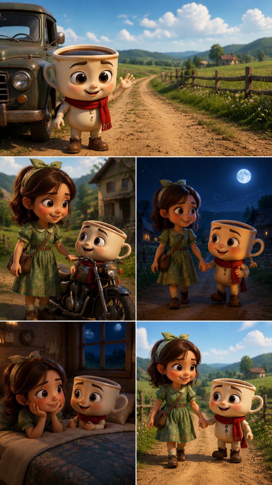 Cute Coffee Cup Character Adventure With Girl | 3D Animated Short Story AI video prompt