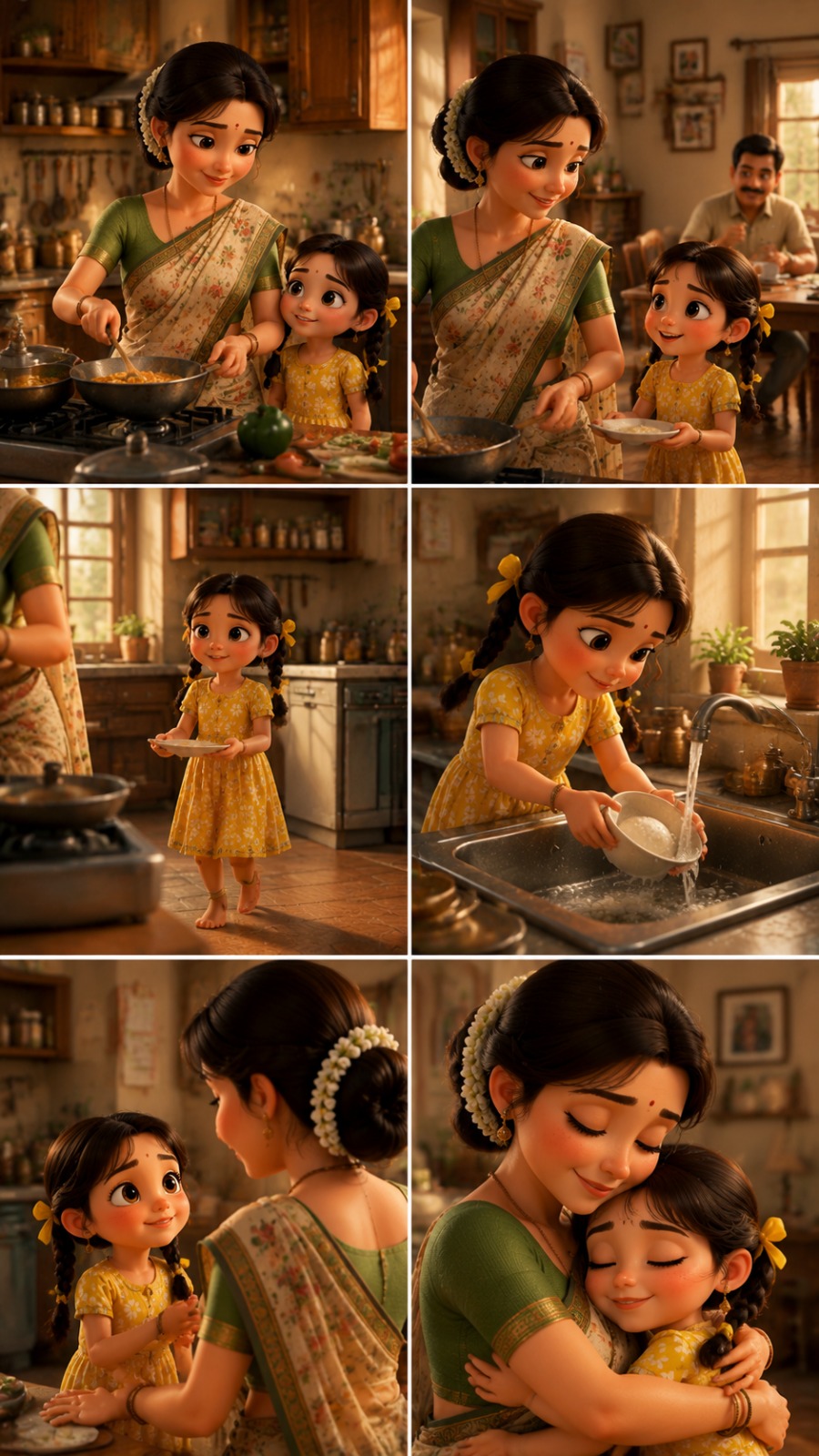 Little Daughter Helping Mother in Kitchen | Emotional 3D Family Animation Story AI video prompt