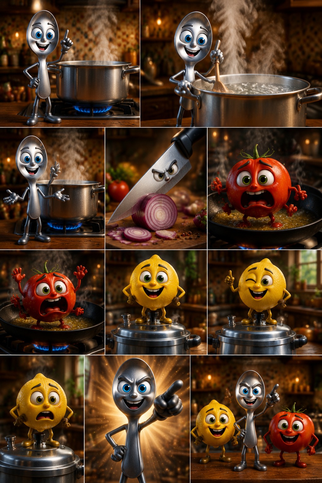 AI Video Prompt: Animated Kitchen Food Heroes Cooking Battle With…
