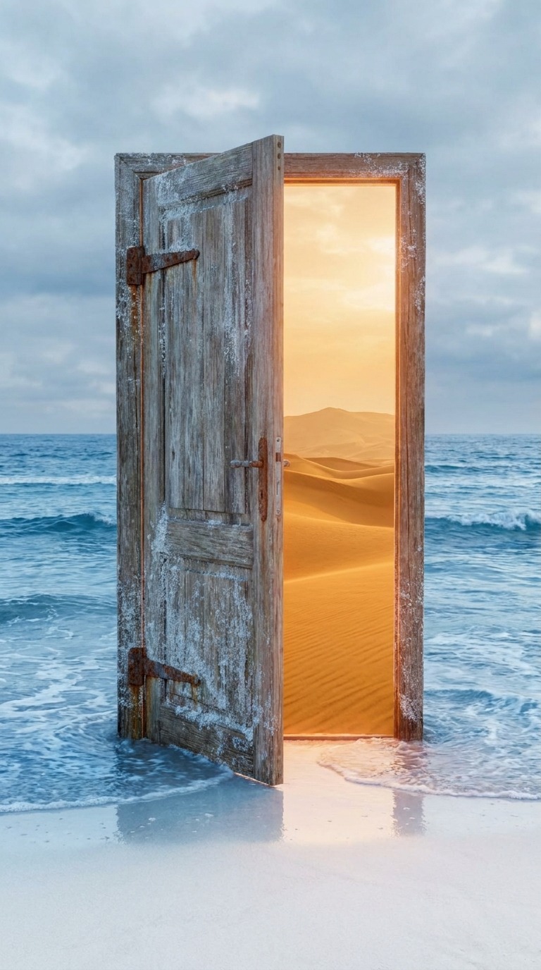 AI Video Prompt: Magical Desert Portal Door on Tropical Beach