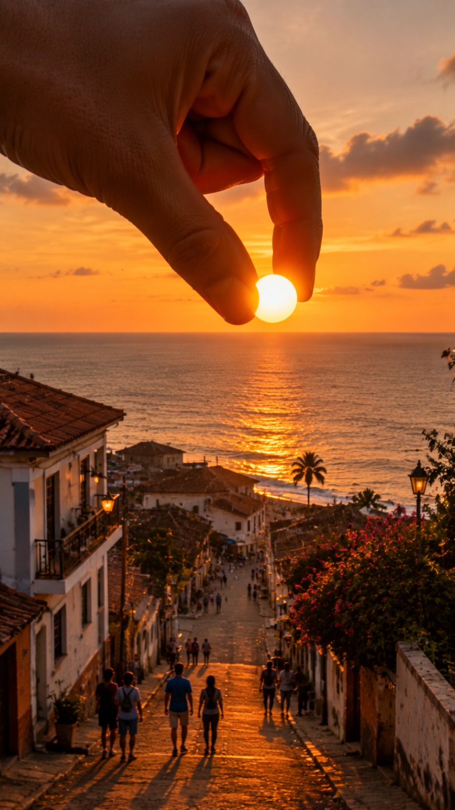 Giant Hand Holding Sunset AI video prompt