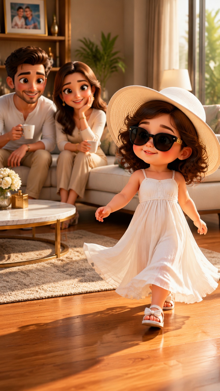 Cute 3D Toddler Girl Fashion Walk and Family Morning Moment in Luxury Home AI video prompt