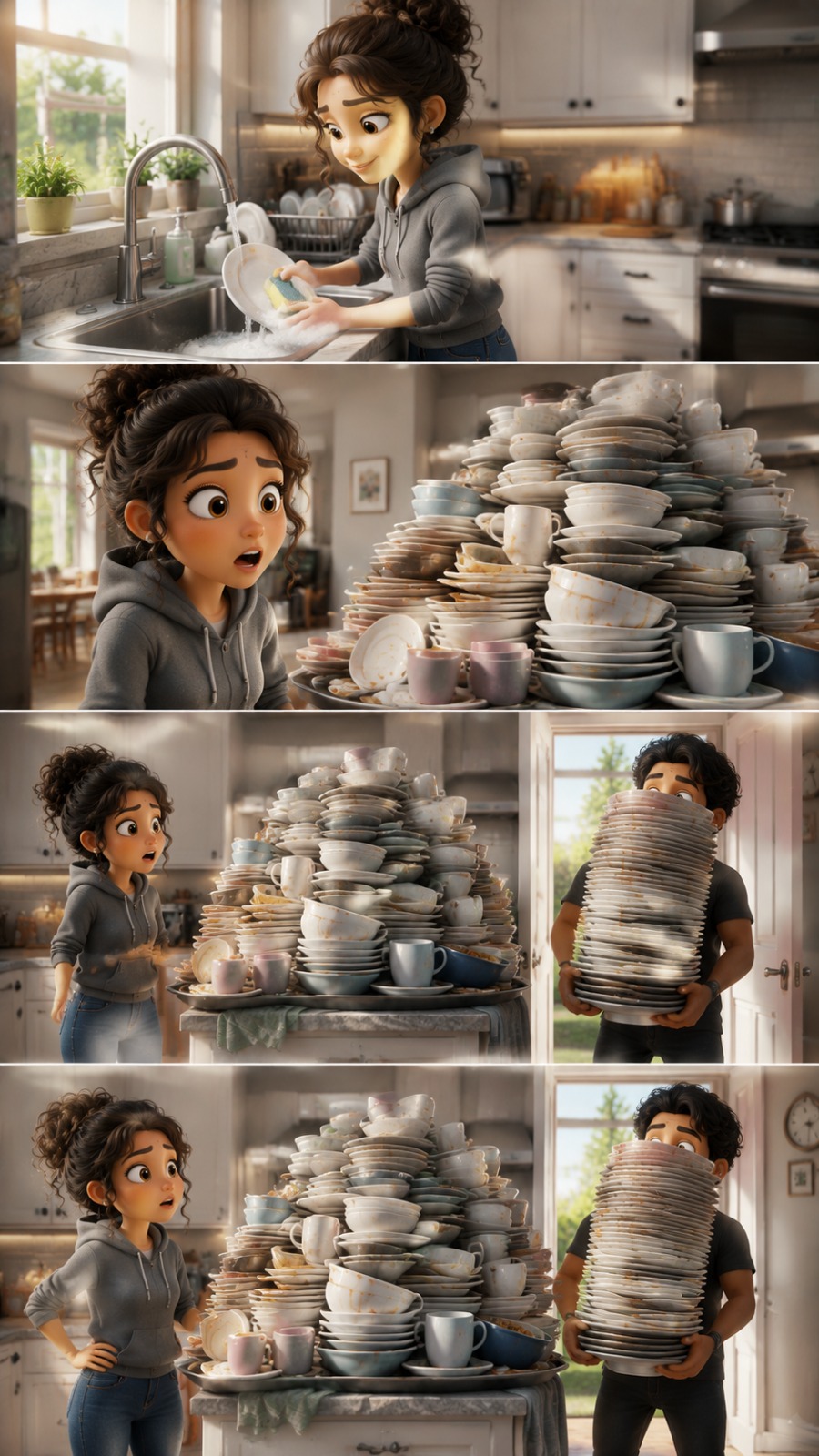 AI Video Prompt: Overwhelmed Woman Cleaning Endless Dishes in Modern…
