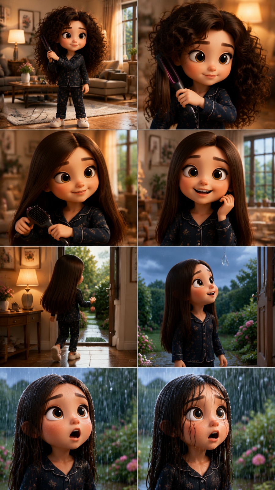 Cute 3D Girl Hair Transformation Before Rain Surprise in Cinematic Home Garden AI video prompt