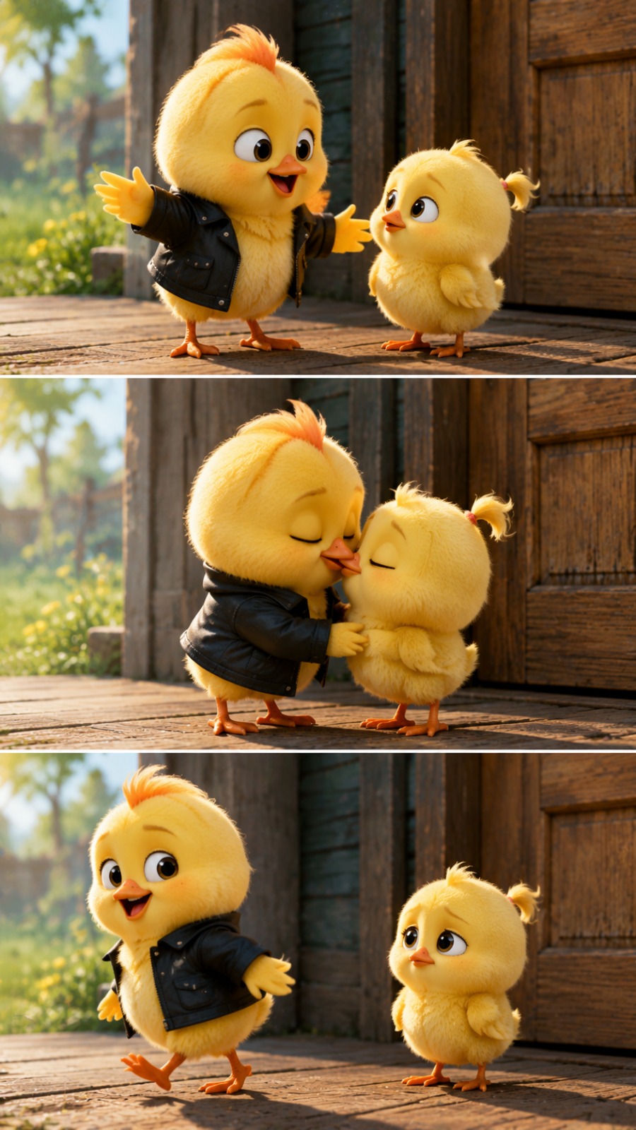 Cute Baby Chick Friendship Story With Funny Dance and Goodbye Moment AI video prompt