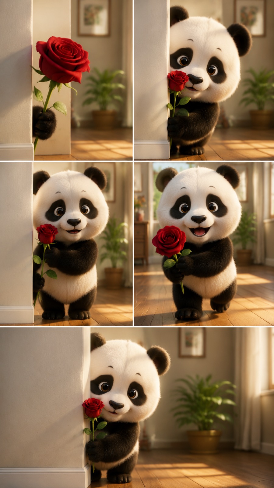 Cute Panda Cub Surprise With Red Rose AI video prompt