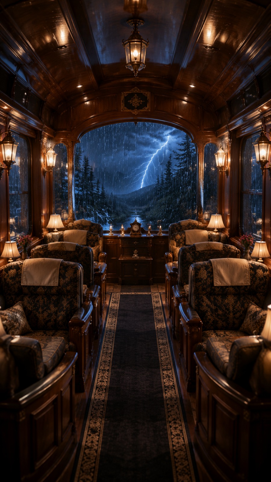 Luxury Fantasy Train Cabin Interior During Thunderstorm at Night AI video prompt