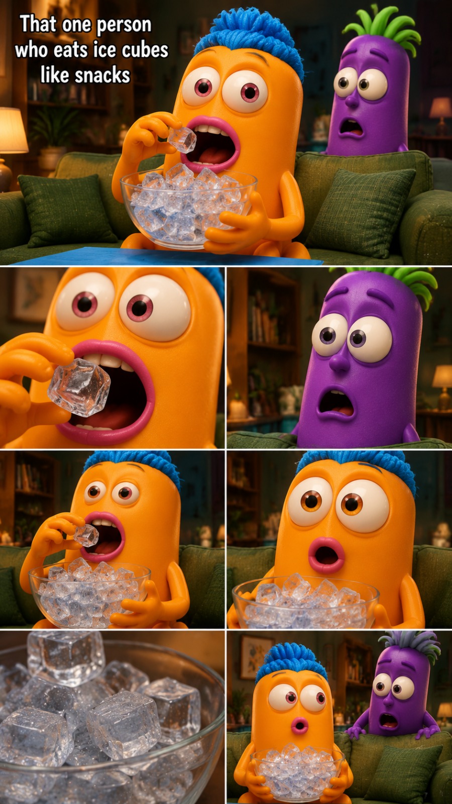 Funny Purple Character Eating Ice Cubes Like Snacks | 3D Animated Comedy Short AI video prompt