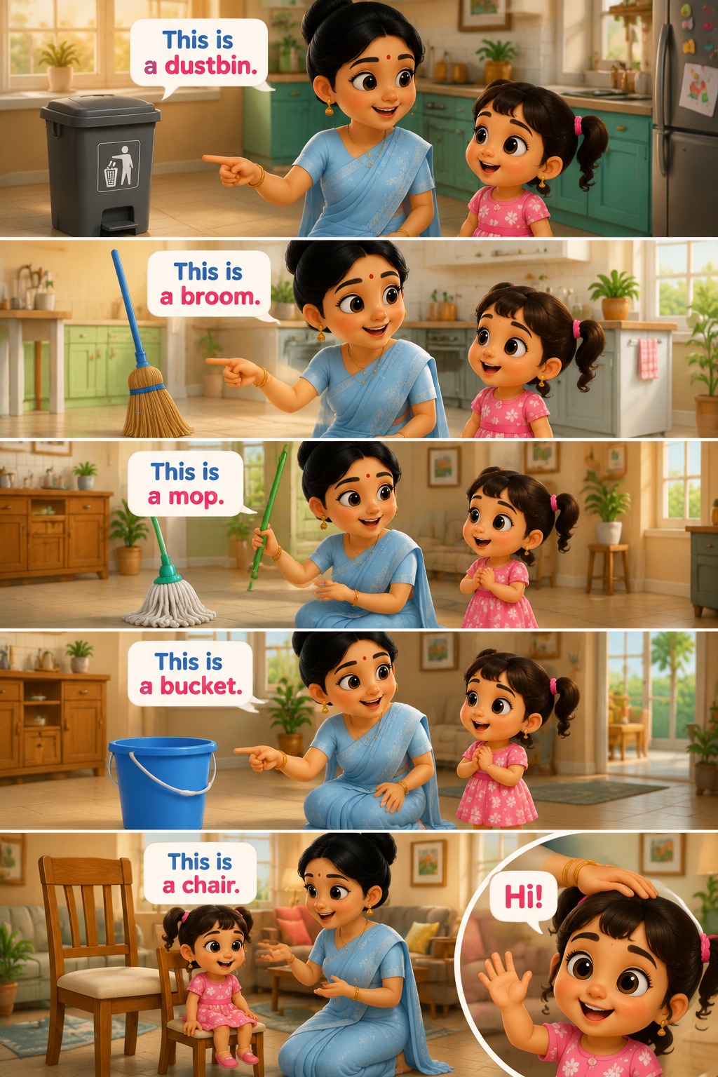 Mother Teaching Cute Little Girl Household Objects | 3D Educational Animation AI video prompt