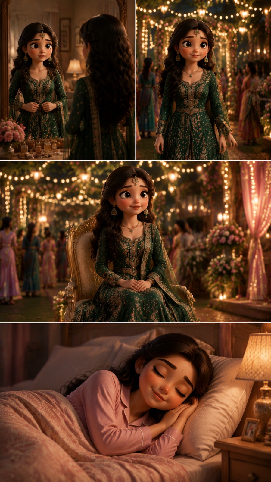 3D Animated Indian Bride Transformation From Dressing Room to Wedding Celebration AI video prompt