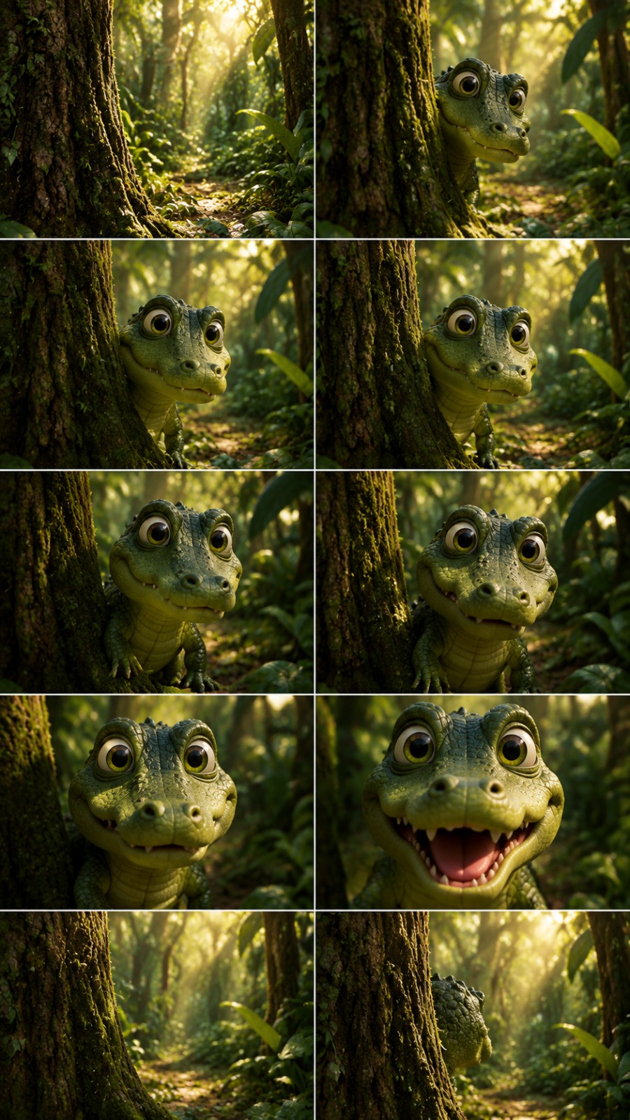 Cute Green Baby Crocodile Peeking From Jungle Tree AI video prompt