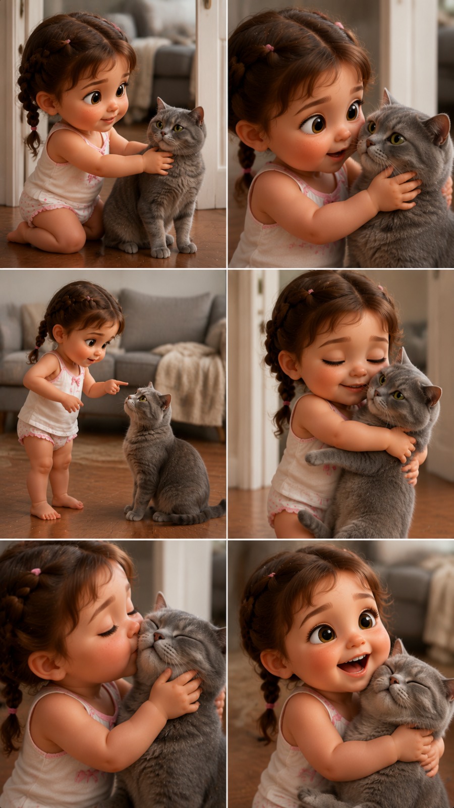 Cute Toddler Girl Hugging a Grey Cat AI video prompt