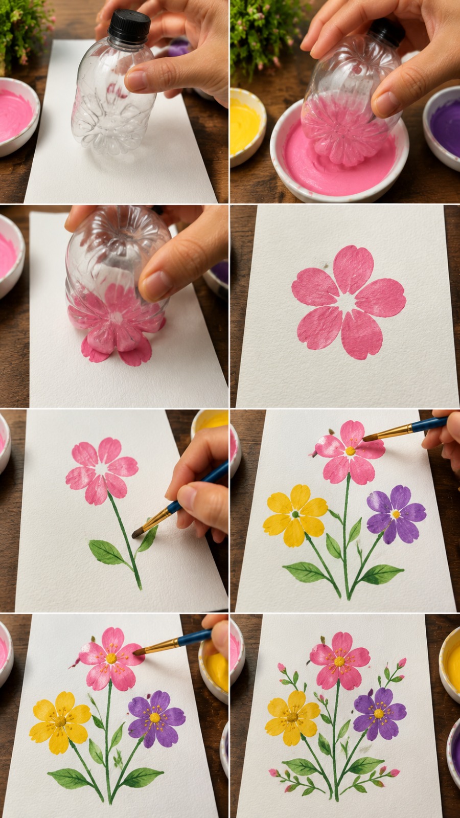 DIY Bottle Stamp Flower Painting Tutorial AI video prompt