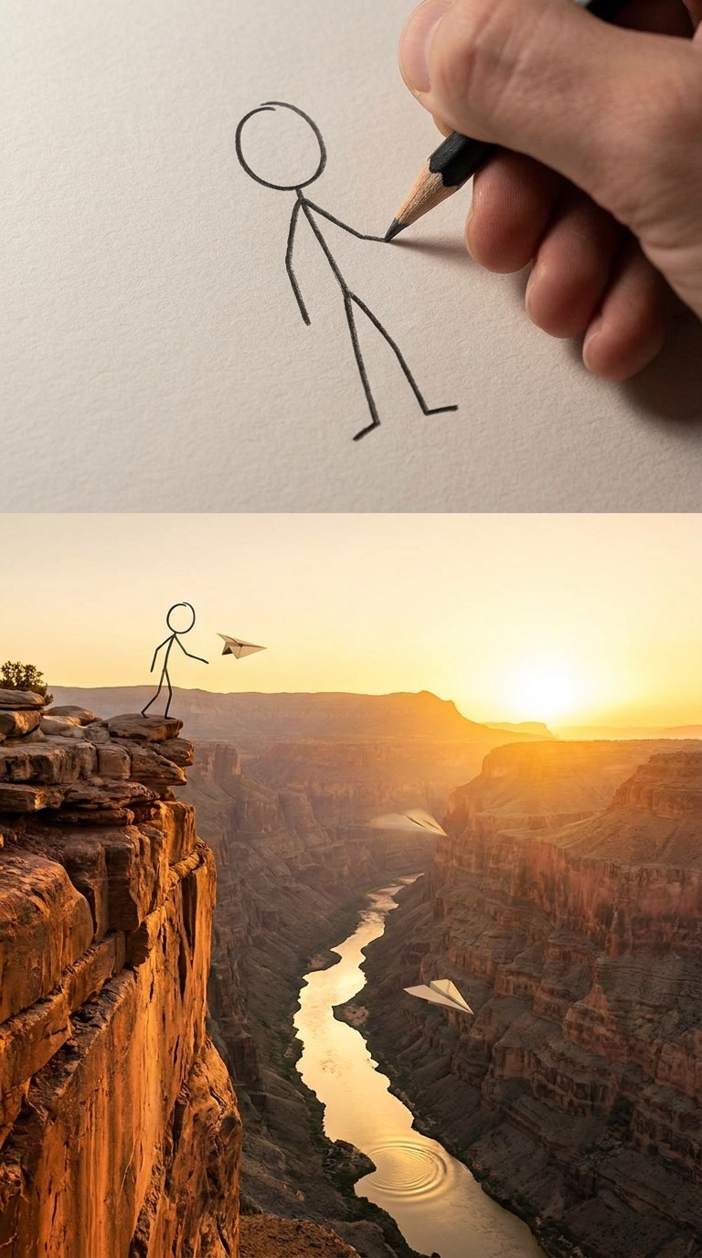 AI Video Prompt: Stick Figure Paper Plane Journey