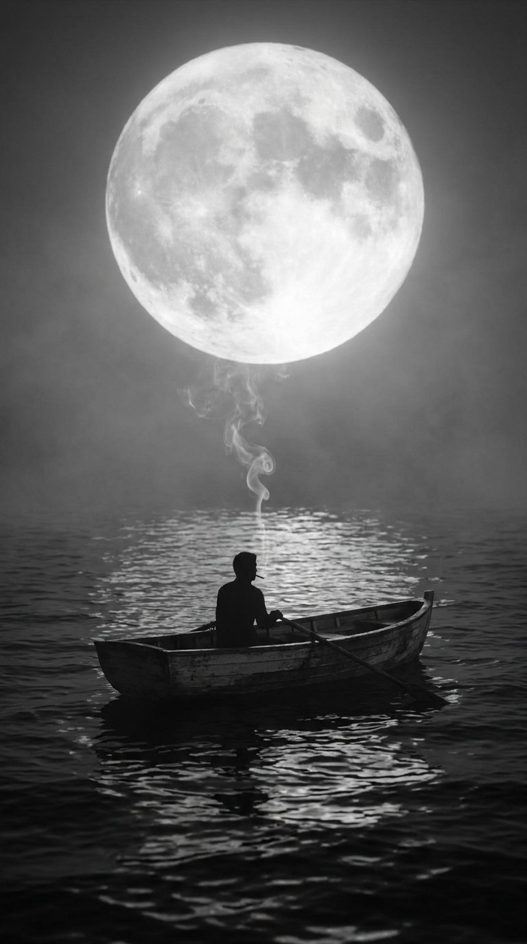 Man in Boat Under Giant Moon AI video prompt