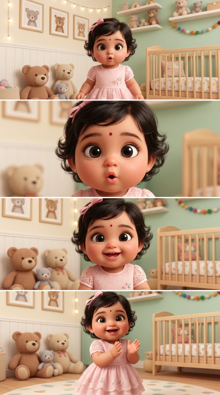 Adorable Stylized 3D Baby Girl in Pink Dress Smiling and Clapping in Teddy Bear Room AI video prompt
