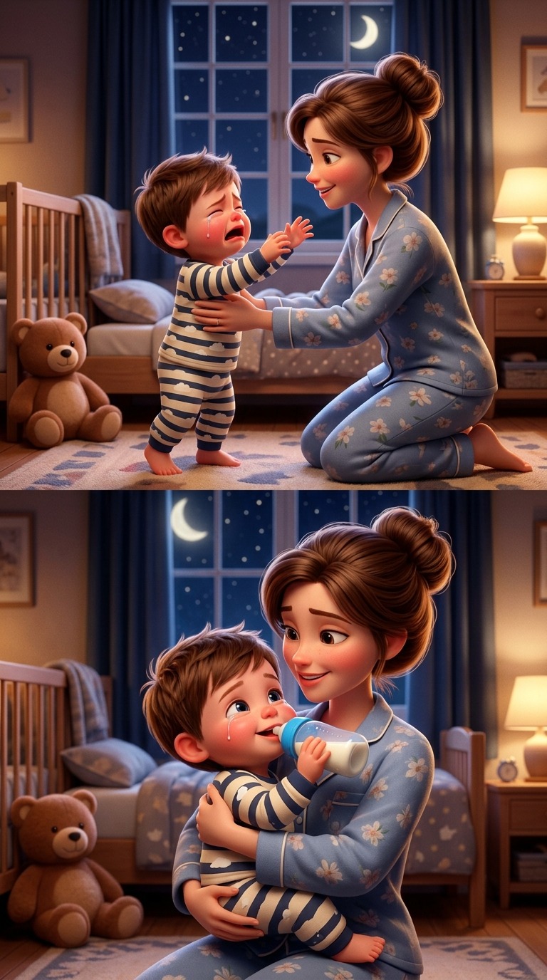 Stylized 3D Baby Crying to Happy Mother Comfort Scene with Milk Bottle Feeding in Cozy Bedroom at Night AI video prompt