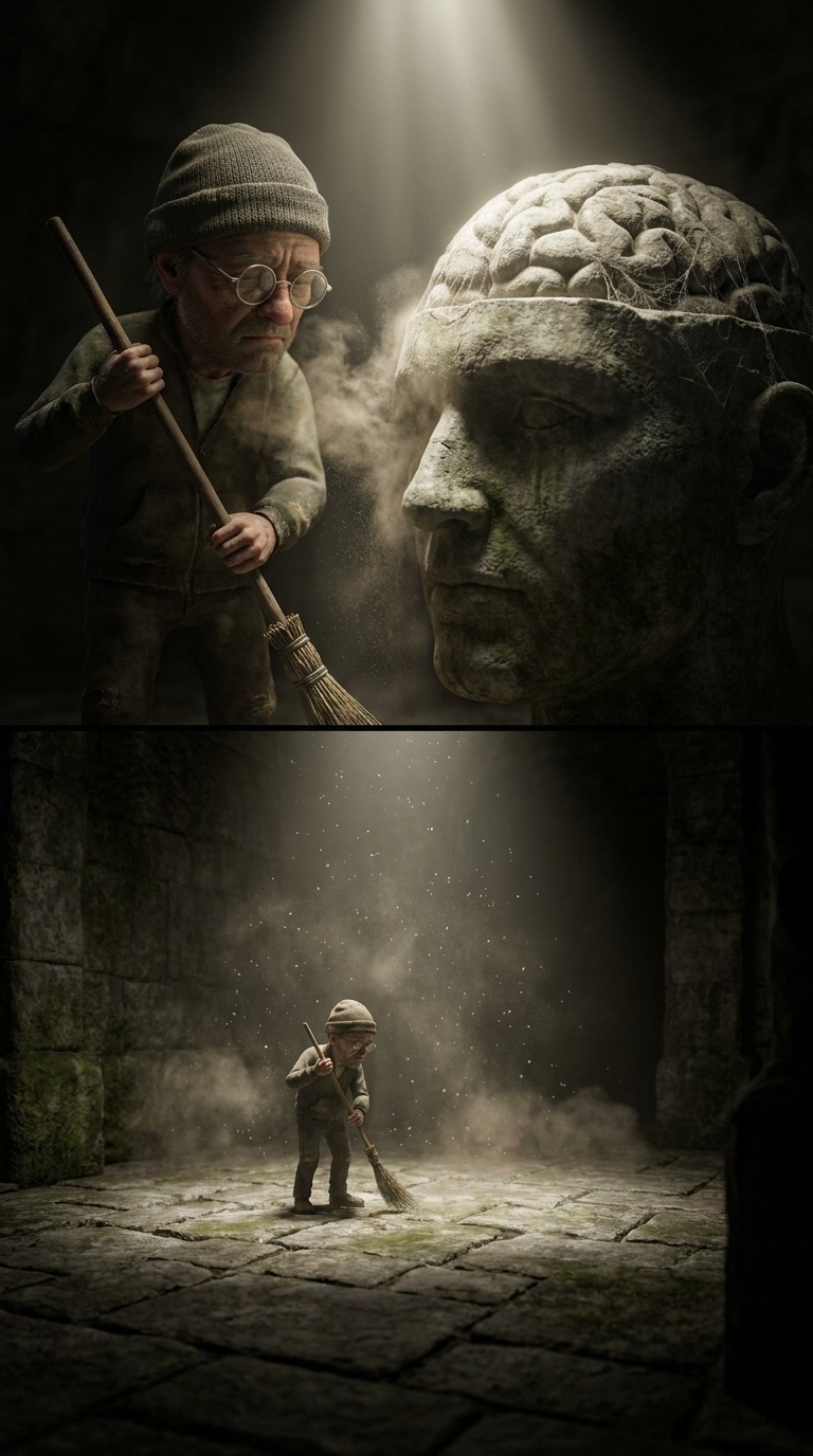 AI Video Prompt: Cleaning Giant Stone Head